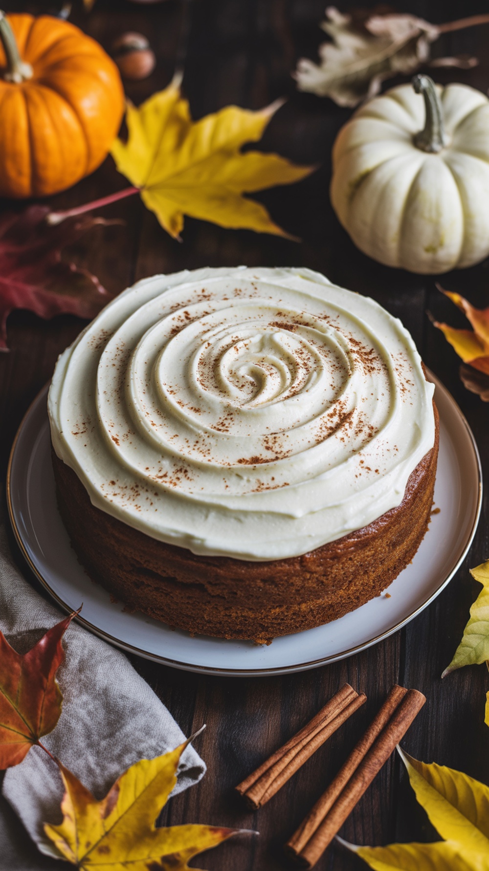 A beautifully decorated pumpkin spice cake topped with cream cheese frosting, surrounded by autumn leaves and pumpkins.