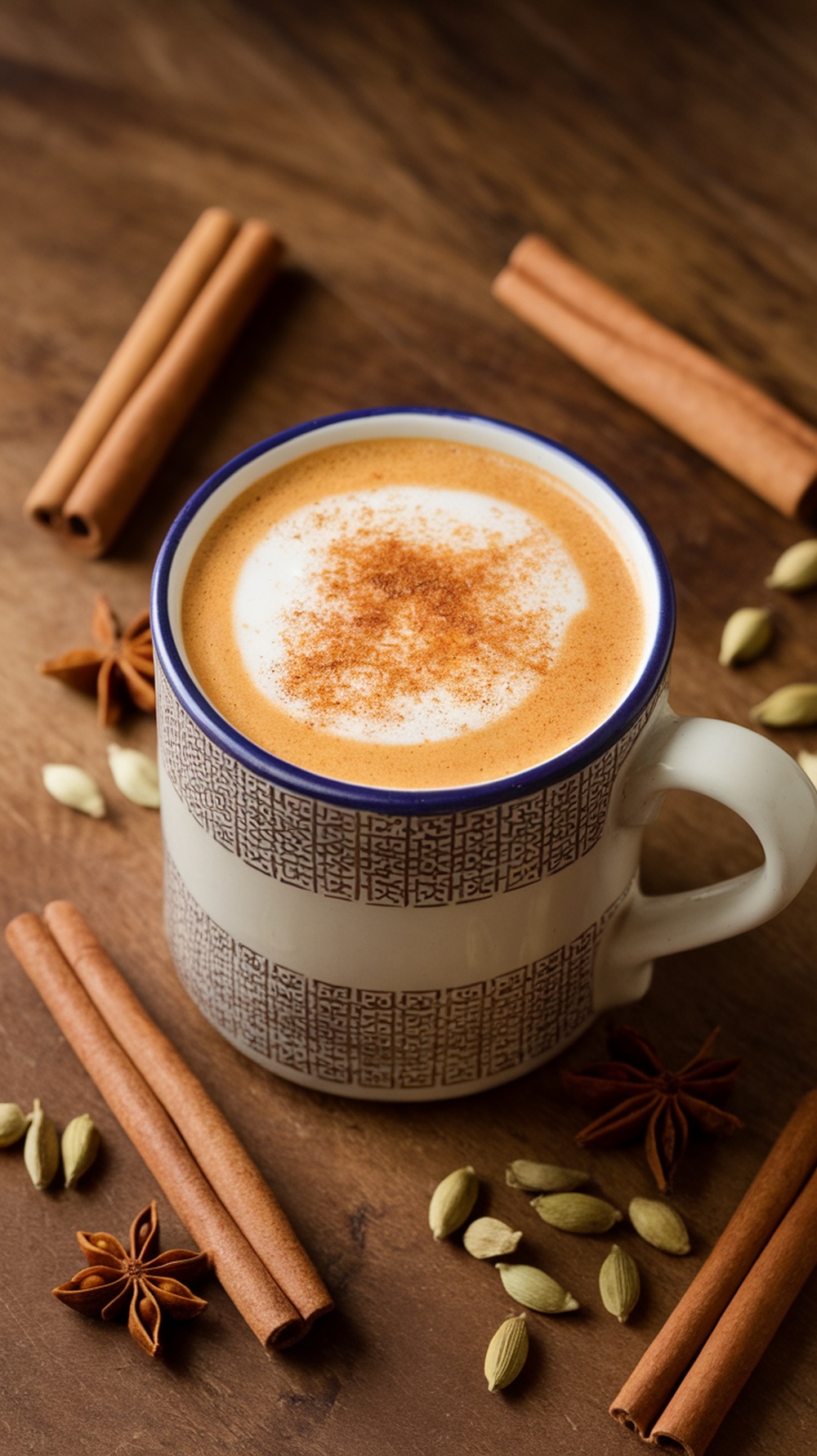 A cozy pumpkin spice chai latte with cinnamon sticks and spices around it.