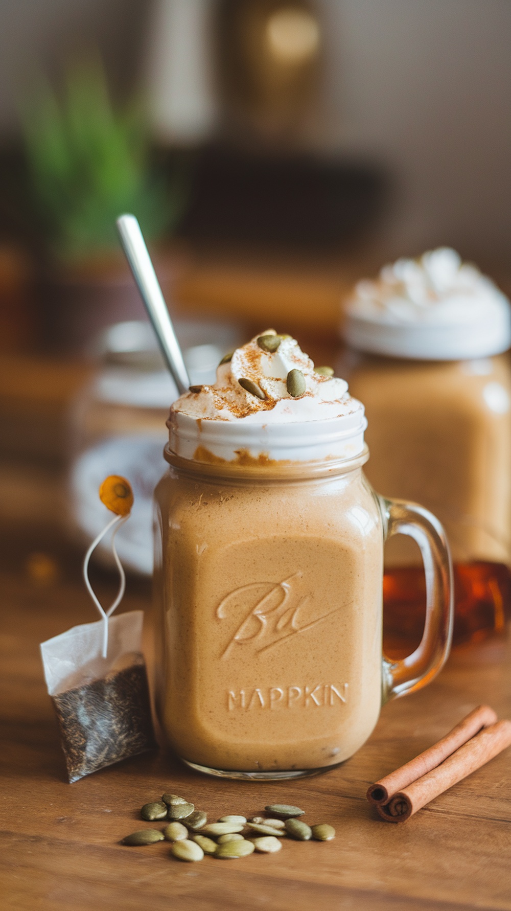 A delicious pumpkin spice coffee smoothie topped with whipped cream and pumpkin seeds.