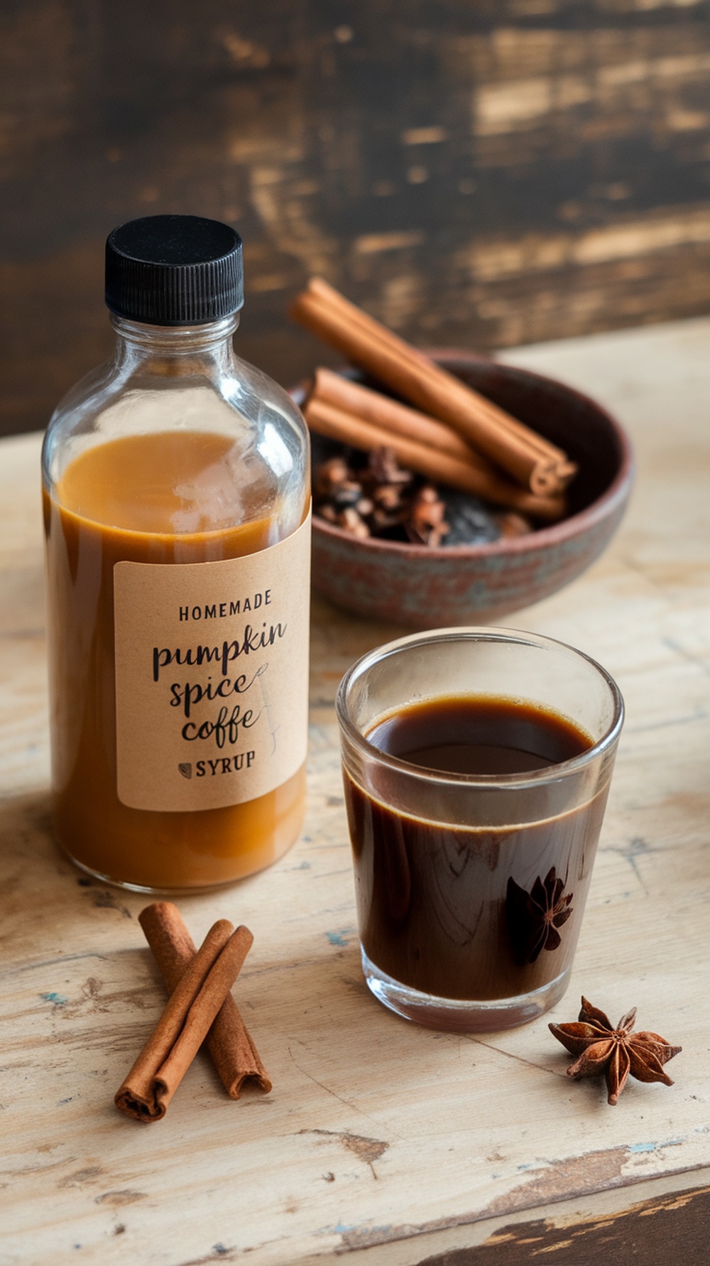 A jar of homemade pumpkin spice coffee syrup with spices and a cup of coffee.