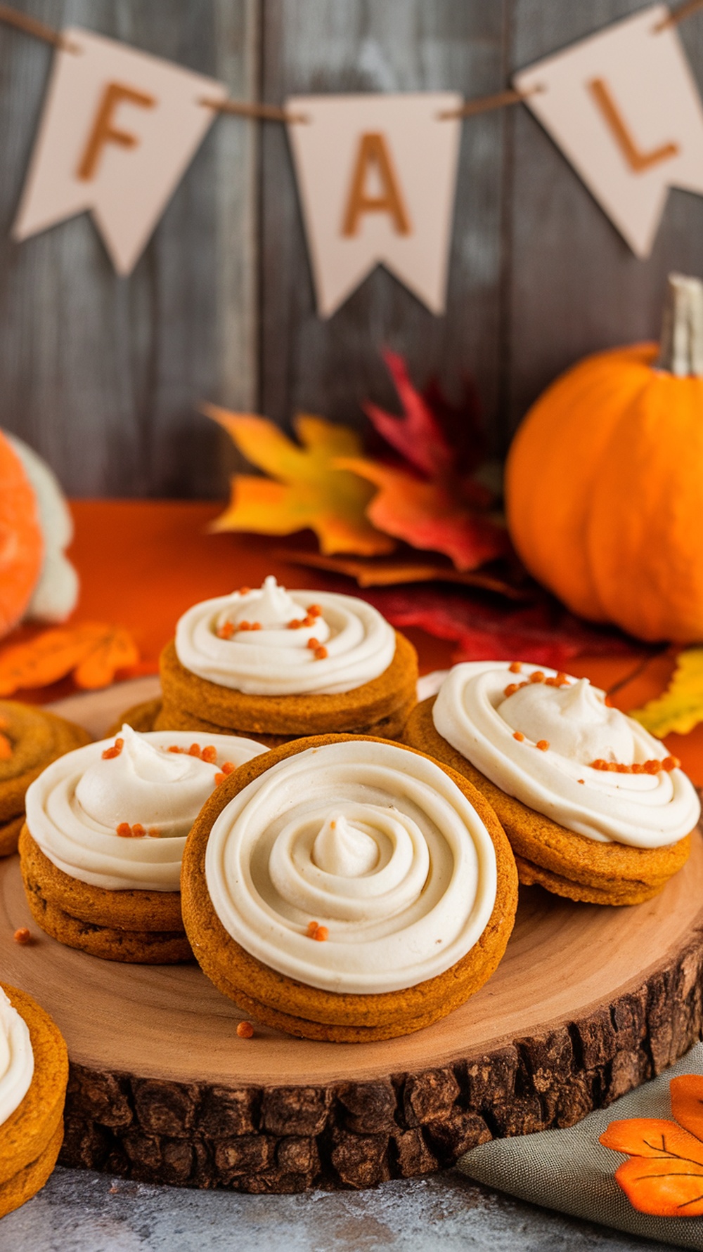 Delicious pumpkin spice cookies decorated with cream cheese frosting and fall-themed decorations.