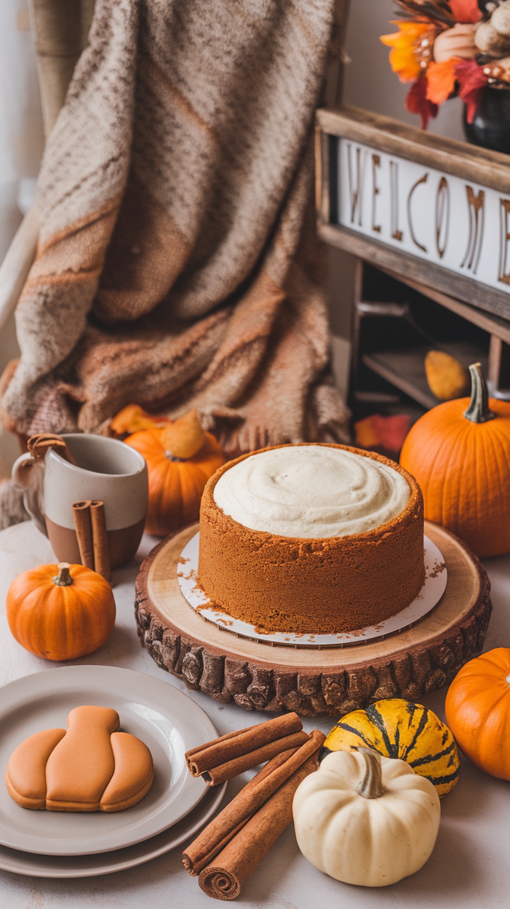 A cozy scene with a pumpkin spice cake, pumpkins, cinnamon sticks, and a warm blanket.