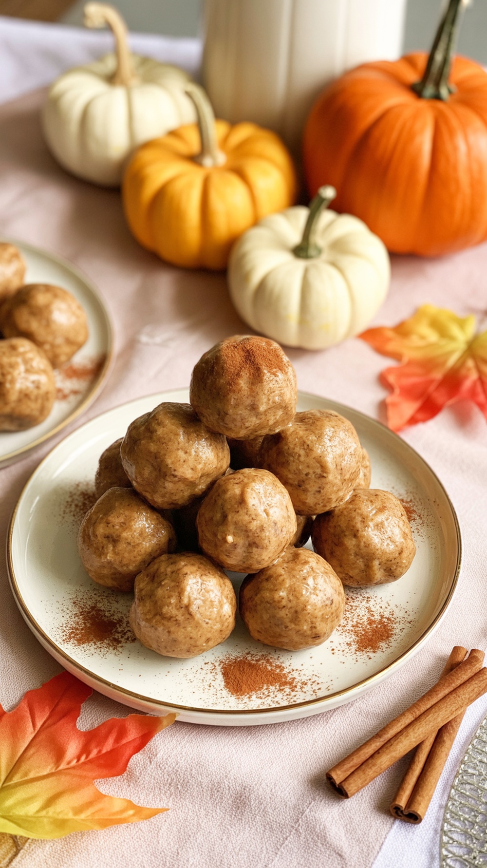 A plate of pumpkin spice energy balls stacked high, surrounded by small pumpkins and autumn leaves.
