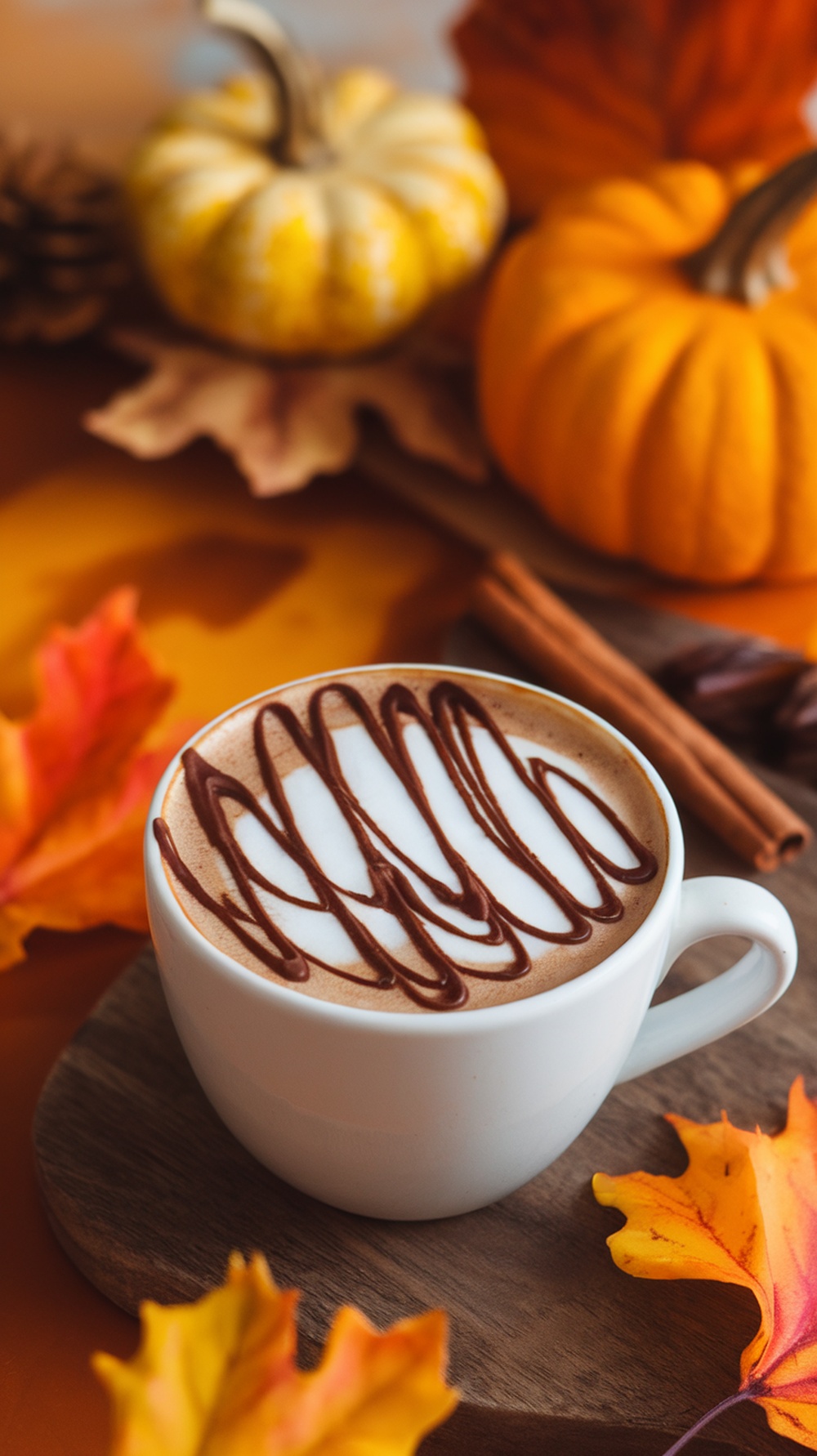A cozy pumpkin spice mocha topped with whipped cream and a drizzle of chocolate syrup.