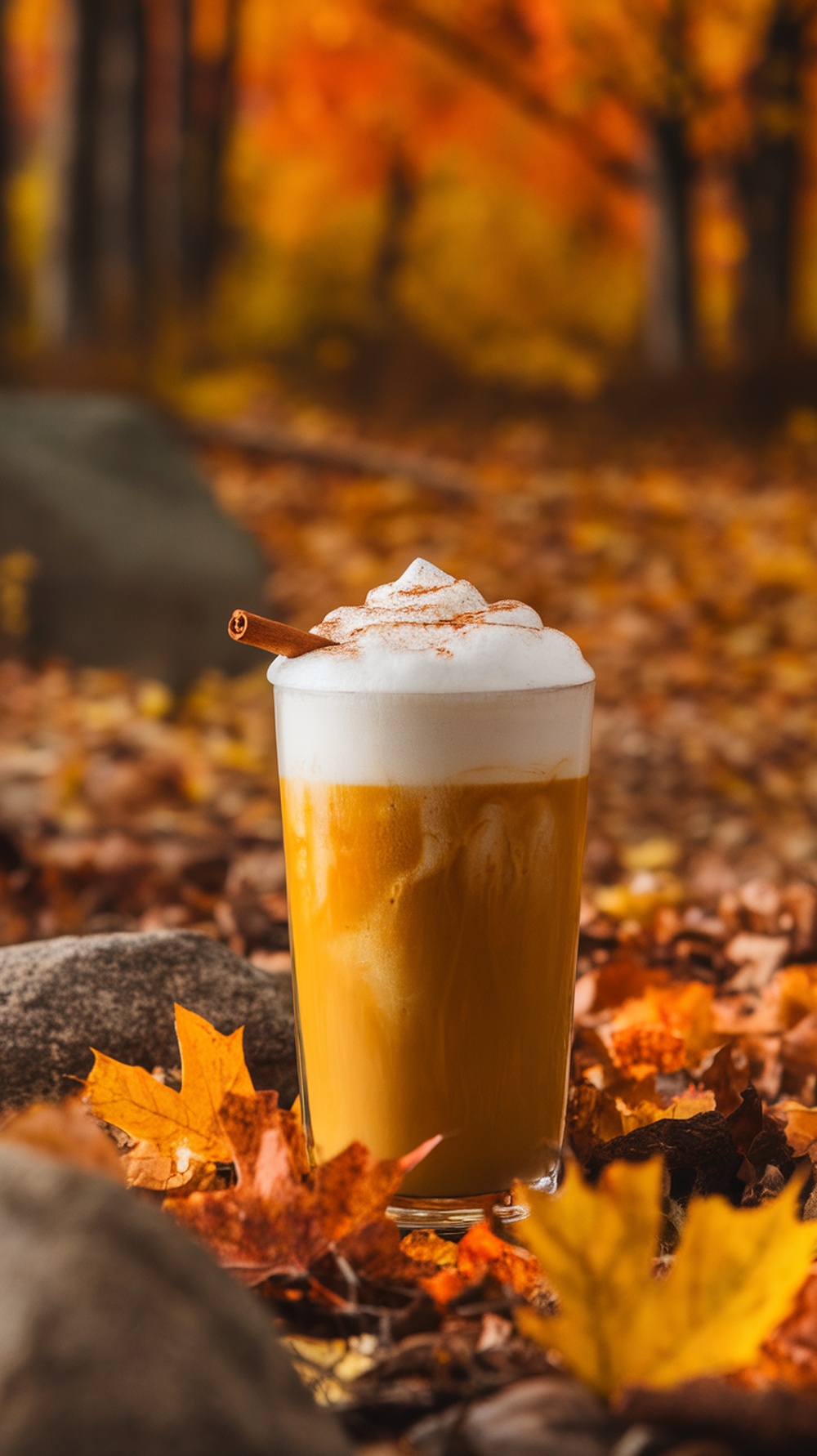 A glass of pumpkin spice nitro brew topped with whipped cream and a cinnamon stick, surrounded by autumn leaves.