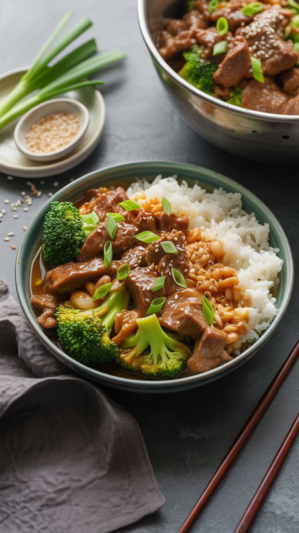 A delicious bowl of beef and broccoli served over rice with green onions.