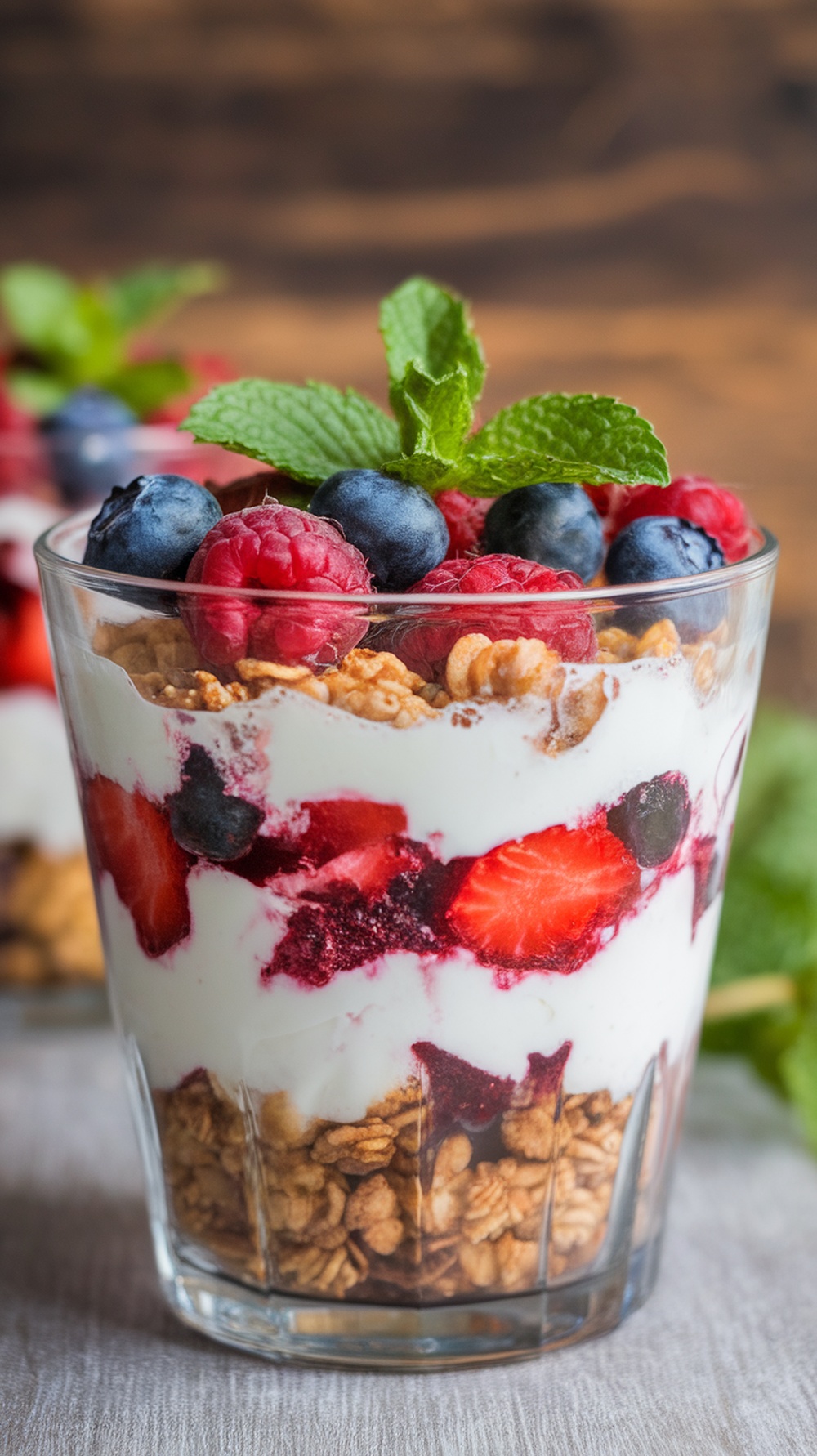 A delicious berry parfait with layers of yogurt, granola, and fresh berries, topped with mint.
