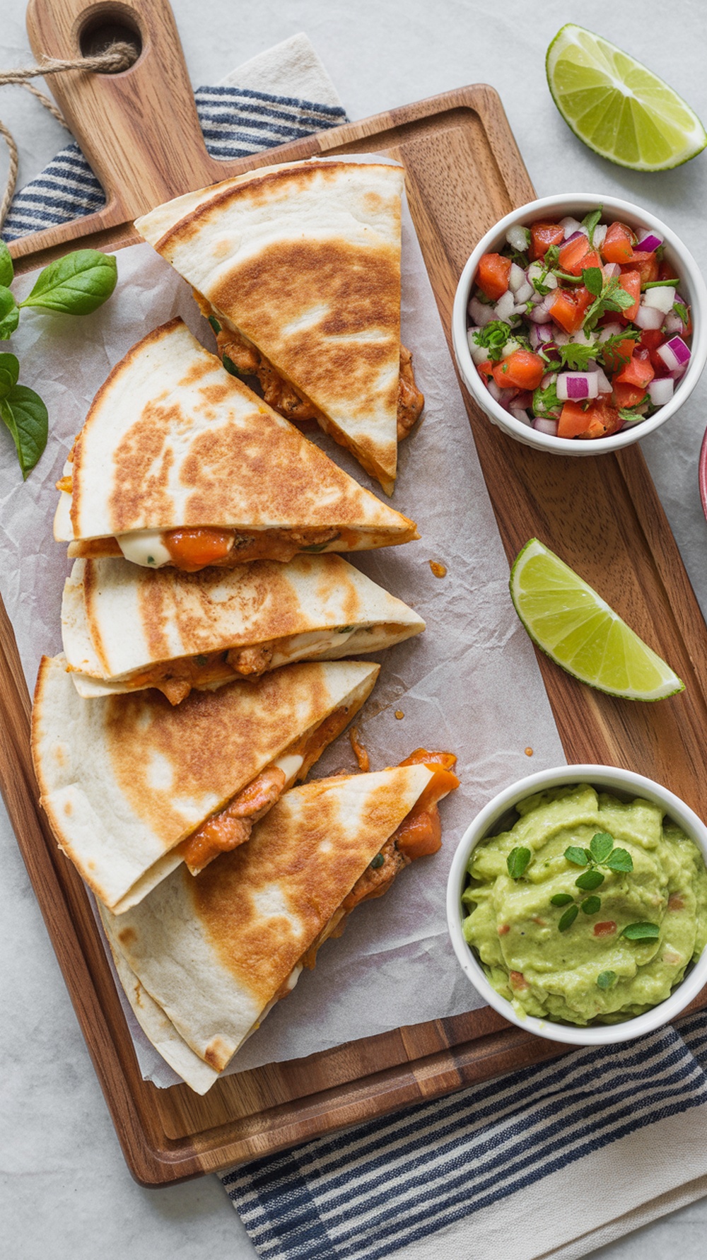 Delicious chicken quesadillas with salsa and guacamole on a wooden board.