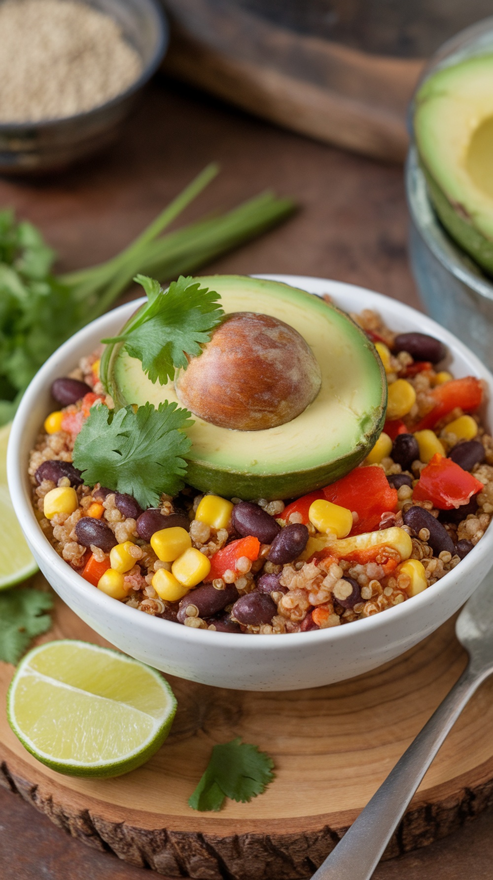 A colorful quinoa and black bean bowl topped with avocado and cilantro