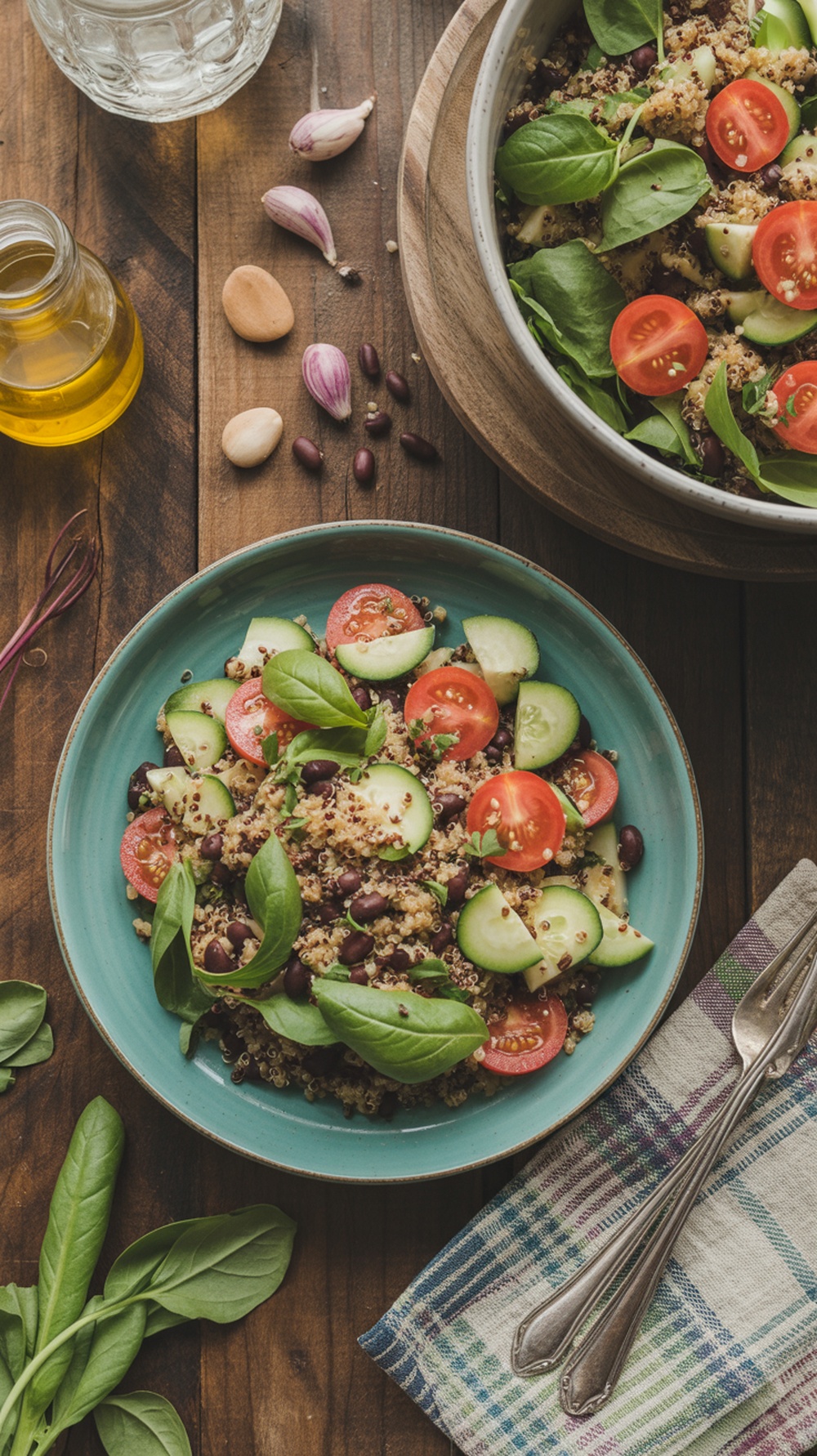 A colorful quinoa and black bean salad with fresh vegetables.