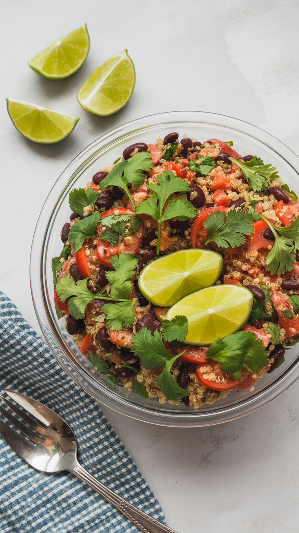 A vibrant quinoa and black bean salad with lime and cilantro, garnished and ready to eat.