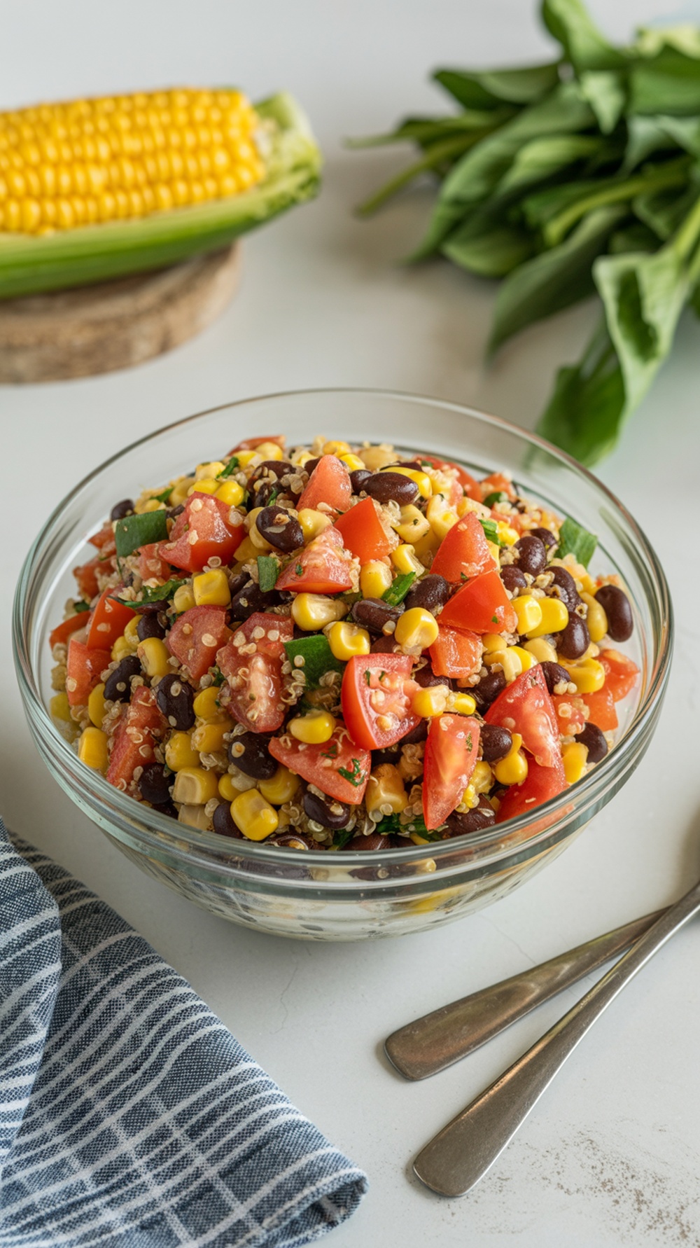 A colorful quinoa salad with black beans, corn, and fresh vegetables in a glass bowl.