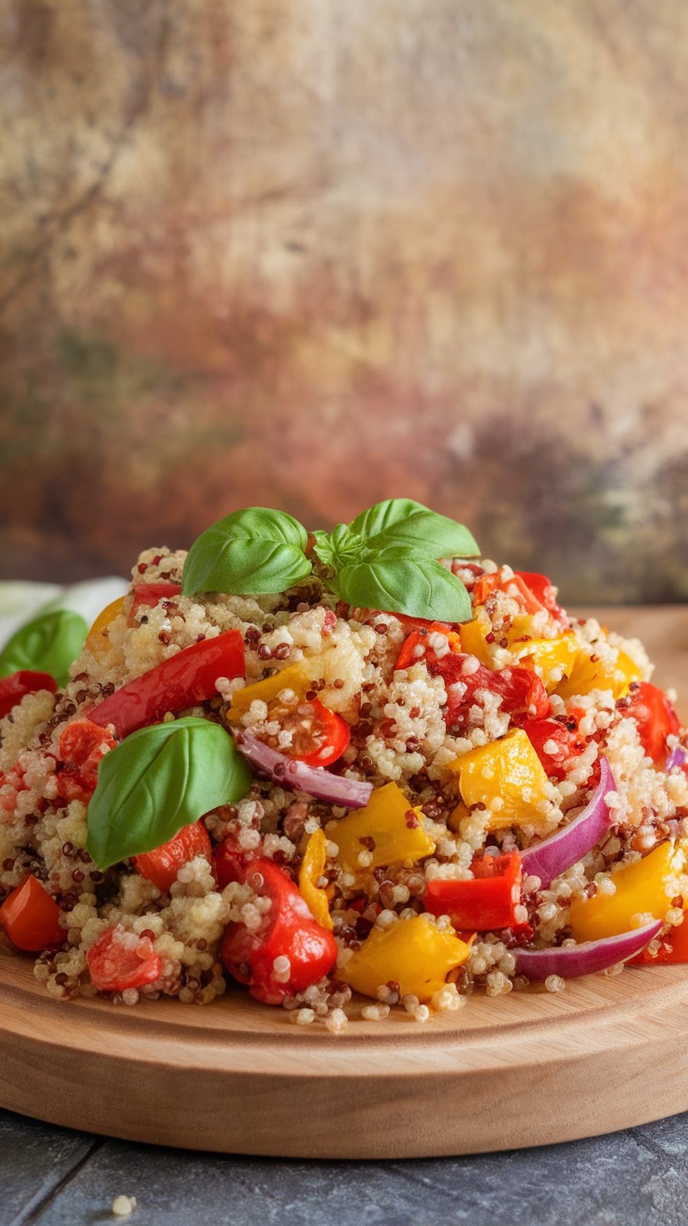 A colorful quinoa salad topped with fresh basil.