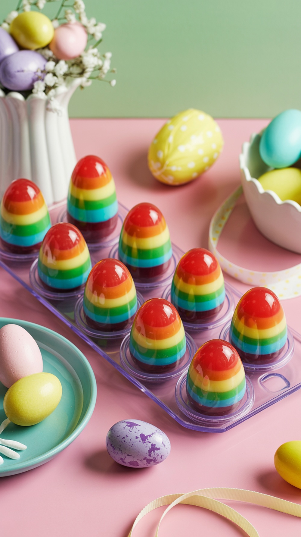 Colorful jelly eggs in a tray with various Easter decorations.