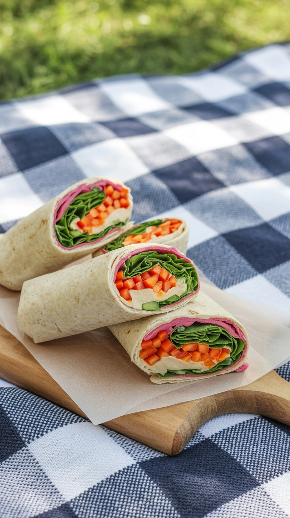 Rainbow Veggie Wraps on a picnic blanket