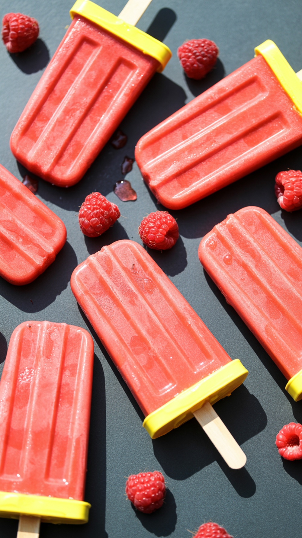 Bright red raspberry lemonade popsicles on a dark background with fresh raspberries.