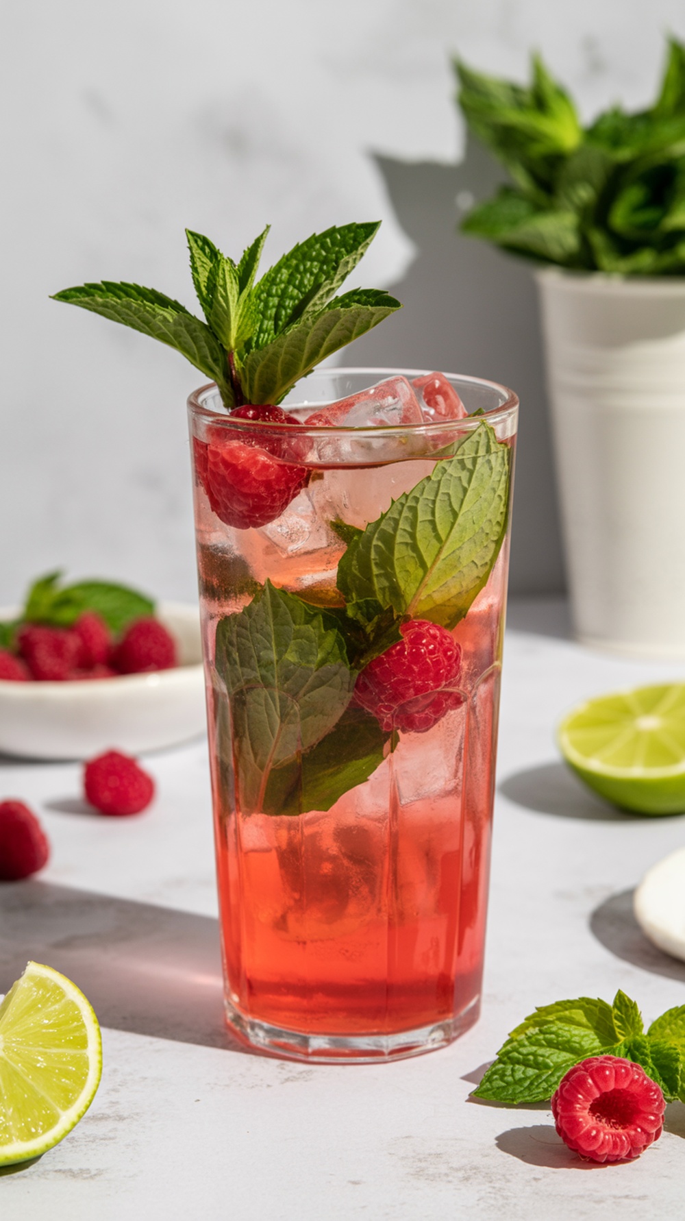 A refreshing Raspberry Mojito in a tall glass with mint leaves and raspberries