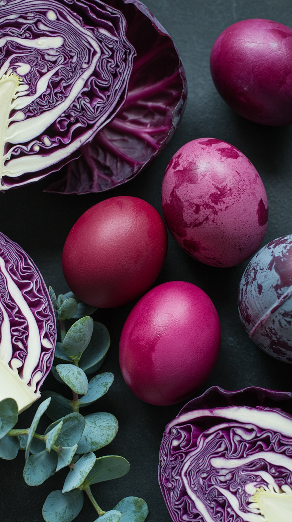 A vibrant display of red cabbage and dyed purple eggs, showcasing natural Easter egg dyeing with red cabbage.