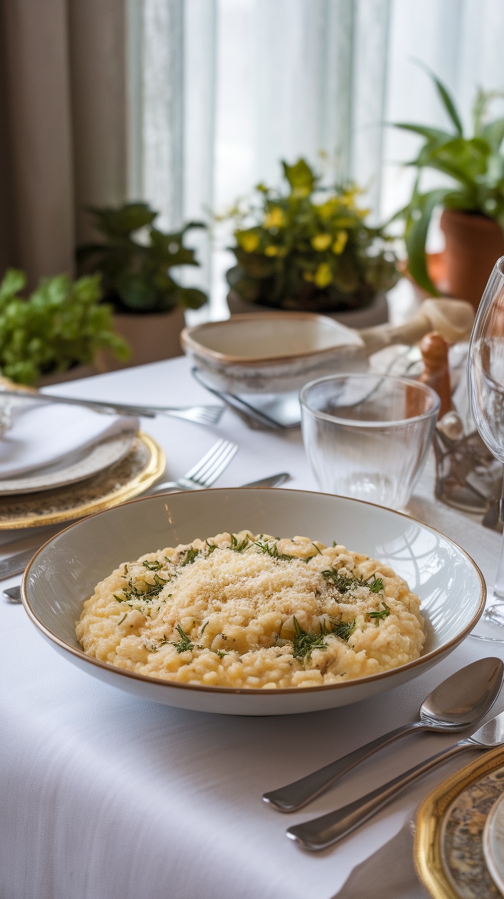 A bowl of rich and creamy risotto garnished with herbs, served on a table with elegant tableware.
