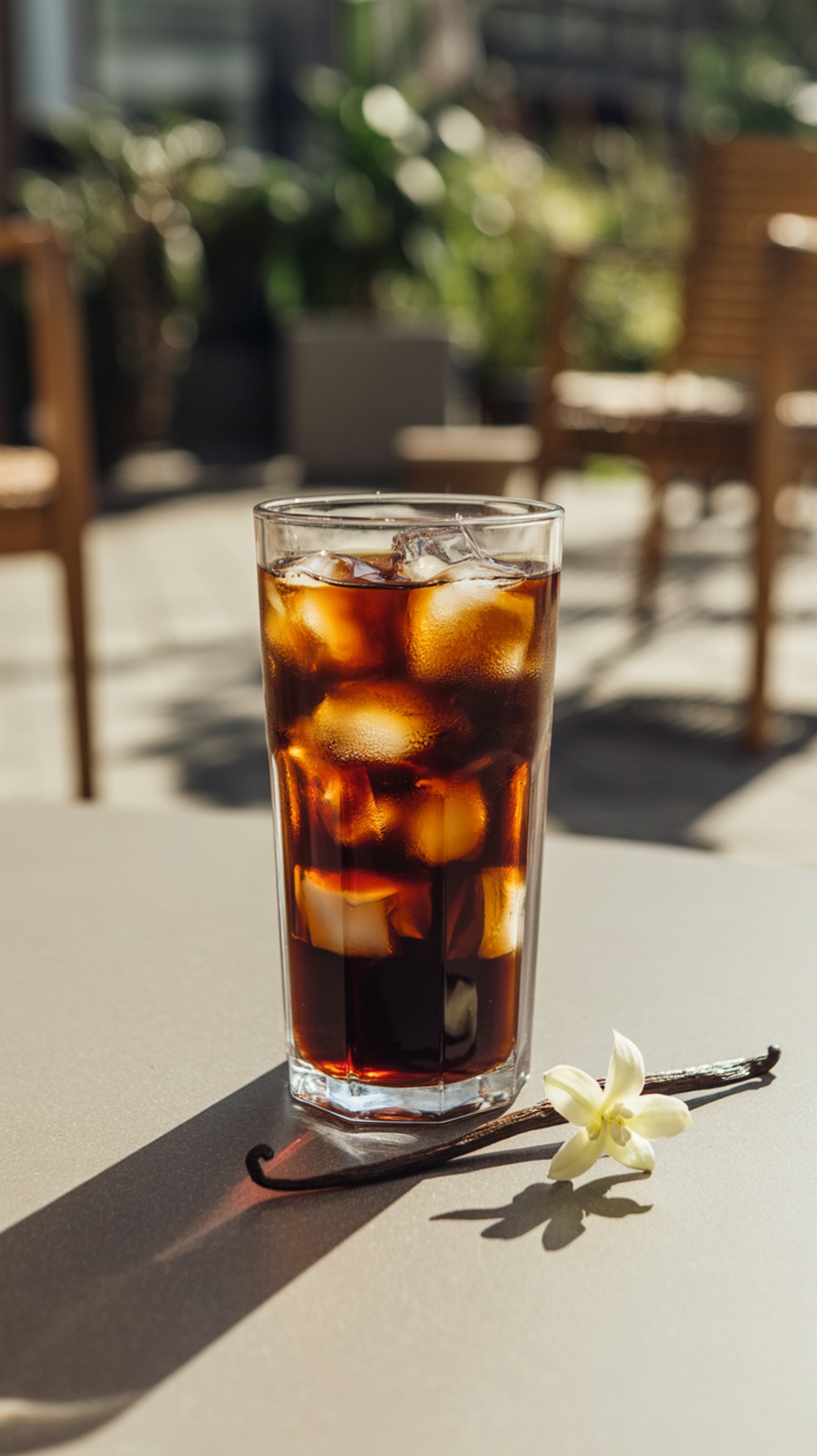 A refreshing glass of cold brew coffee with ice and a vanilla bean beside it.