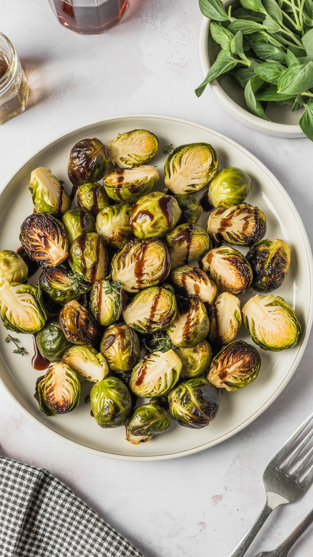 A plate of roasted Brussels sprouts drizzled with balsamic reduction.