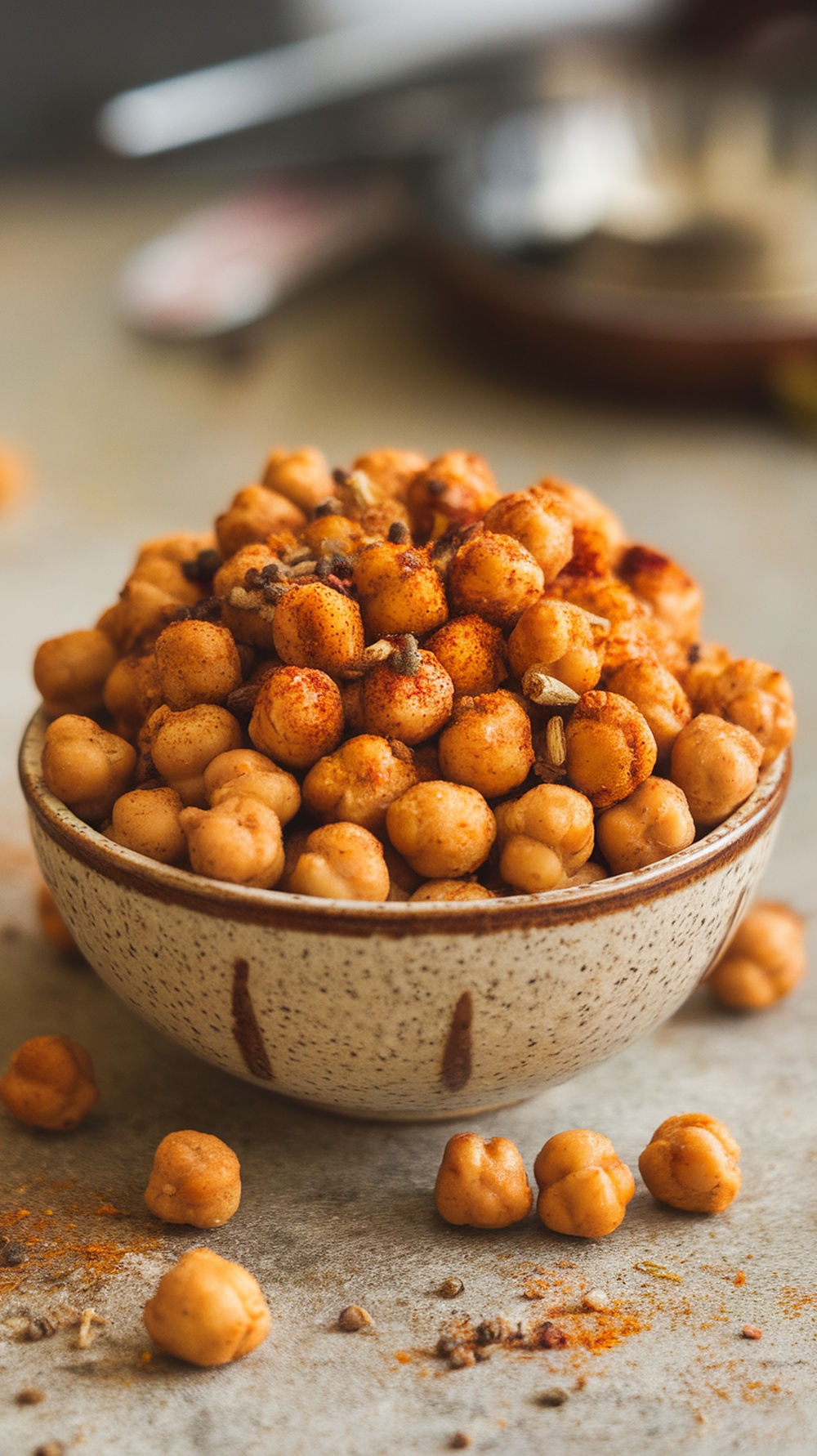 A bowl of roasted chickpeas seasoned with spices.
