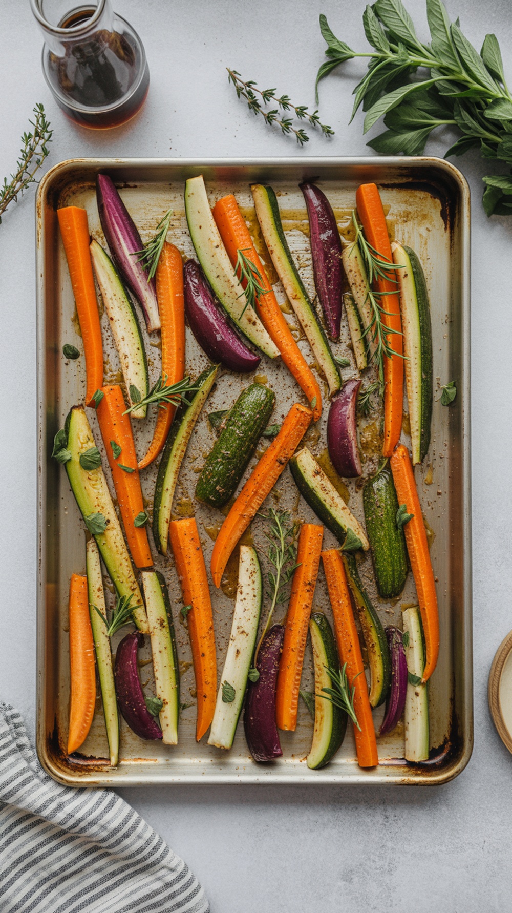 A colorful assortment of roasted vegetables on a sheet pan, drizzled with balsamic glaze.