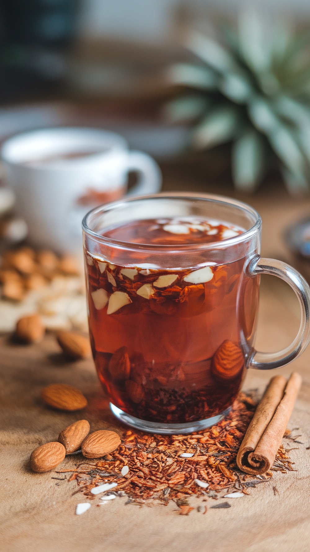 A glass of rooibos tea with almond milk, topped with almond slices and surrounded by almonds and cinnamon sticks.