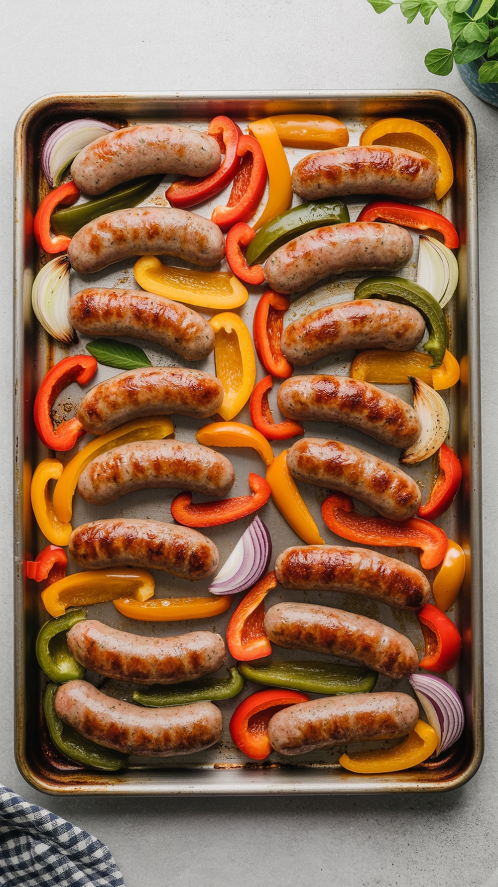 A sheet pan filled with sausages and colorful bell peppers ready for baking.