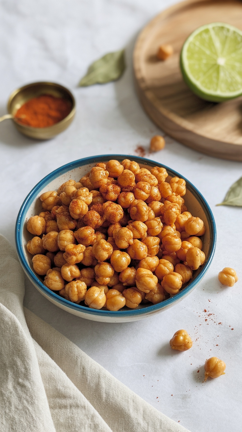 A bowl of crispy air fryer chickpeas seasoned with spices, surrounded by a lime and spices.