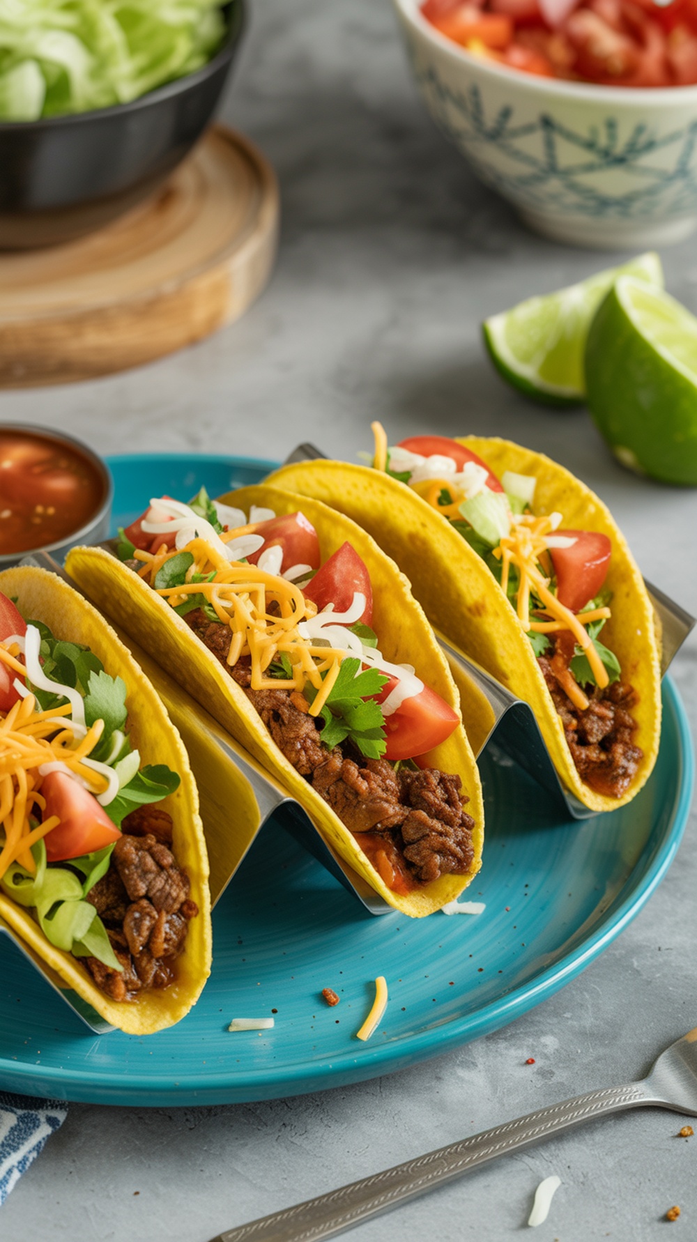 Savory beef tacos with fresh toppings on a blue plate