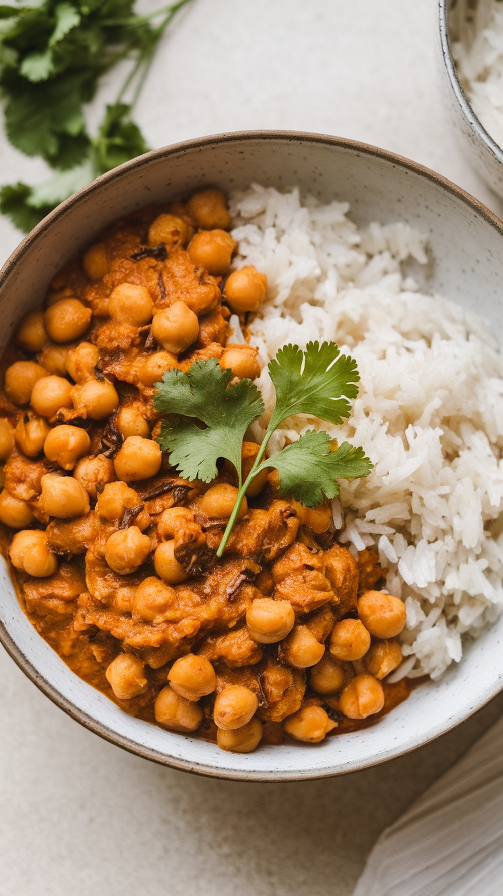 A bowl of chickpea curry served with rice and garnished with cilantro.