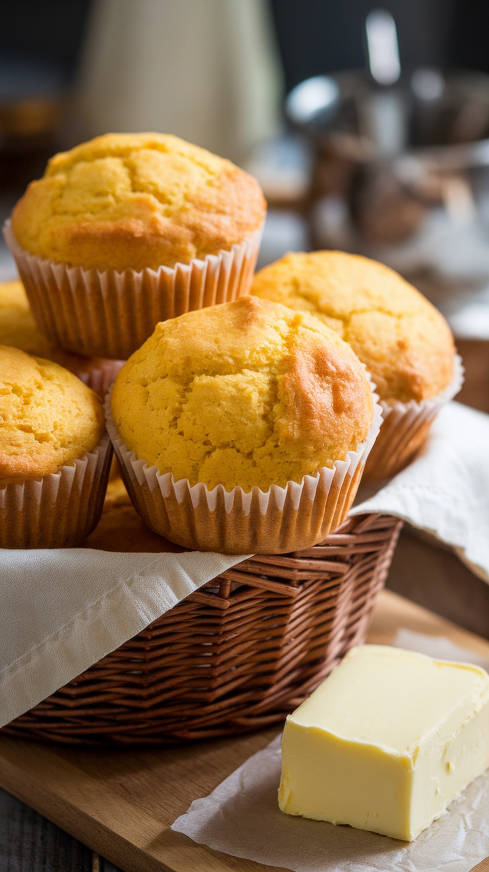Savory cornbread muffins in a basket with a stick of butter