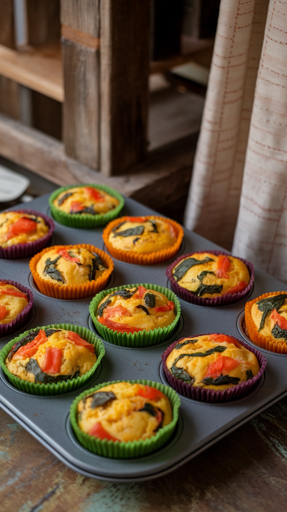 Savory egg muffins in colorful liners, baked and ready to eat.