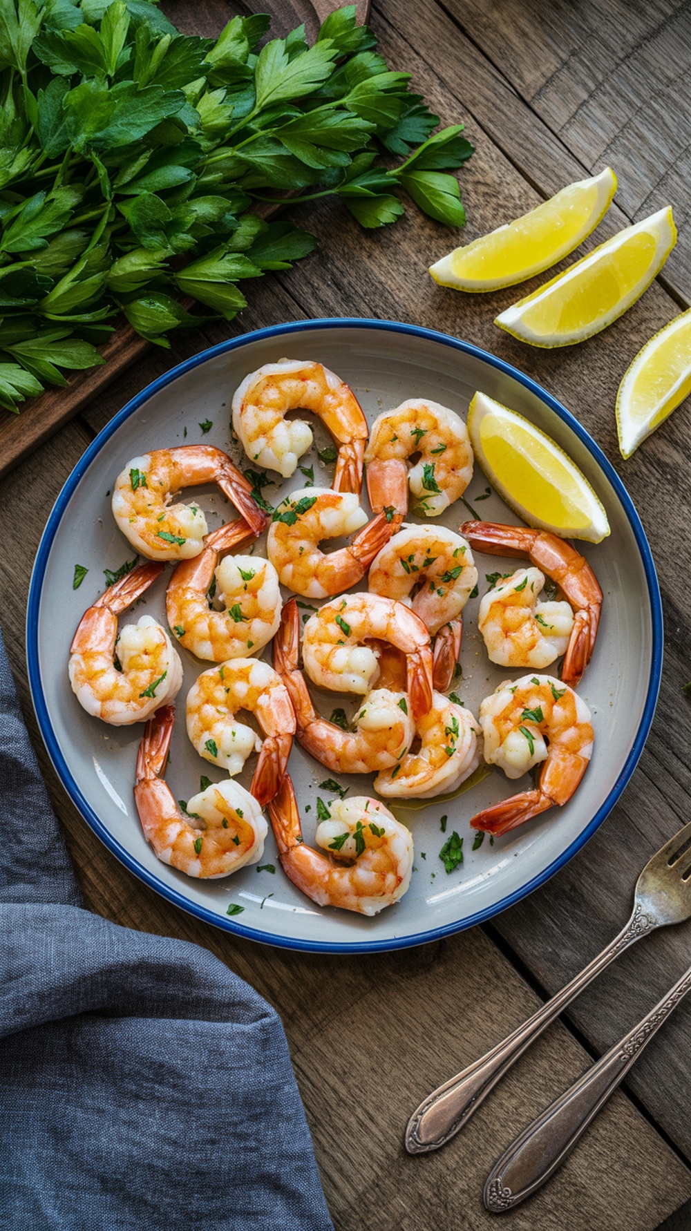 Plate of garlic butter shrimp with fresh lemon and herbs.