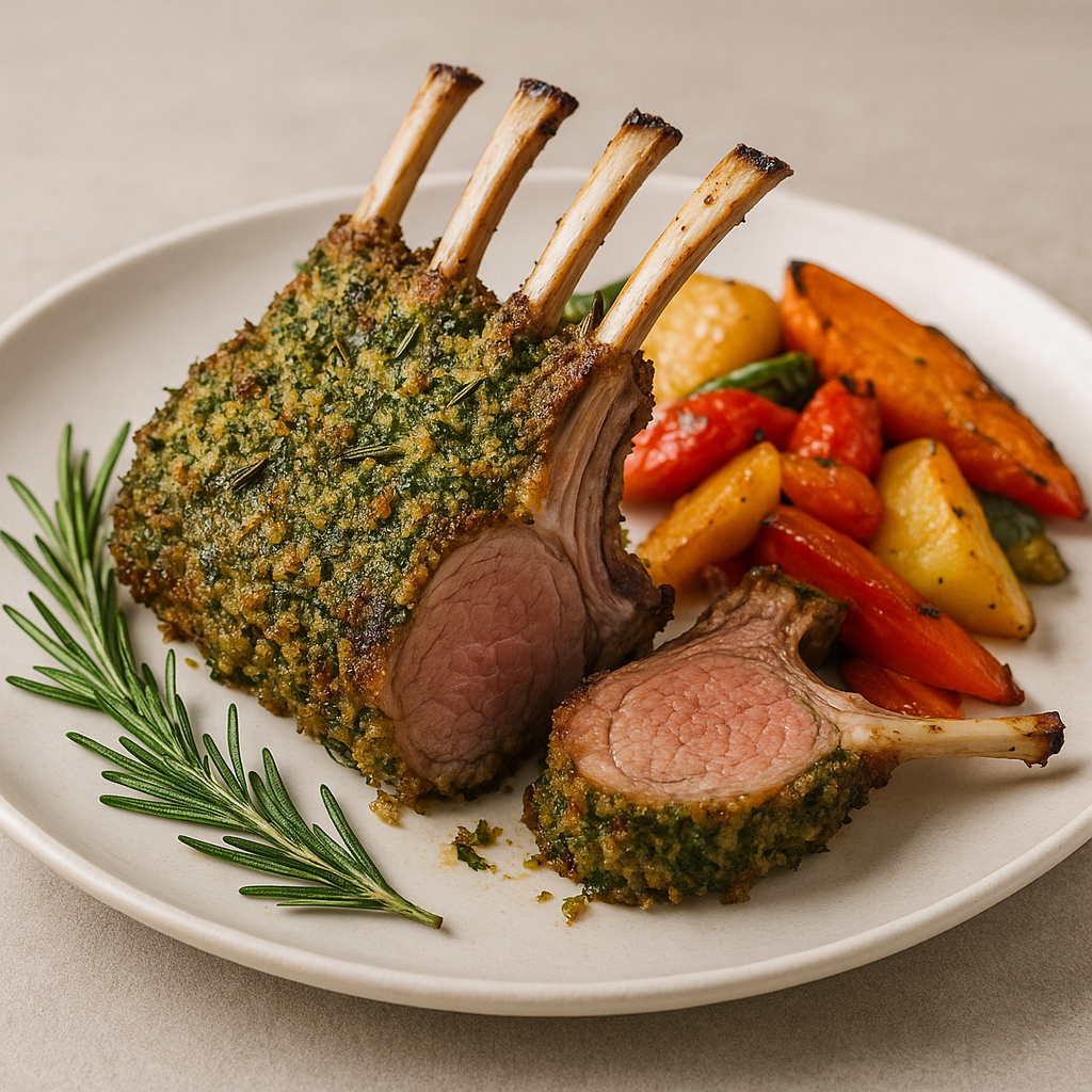 A beautifully plated herb-crusted rack of lamb with roasted vegetables.