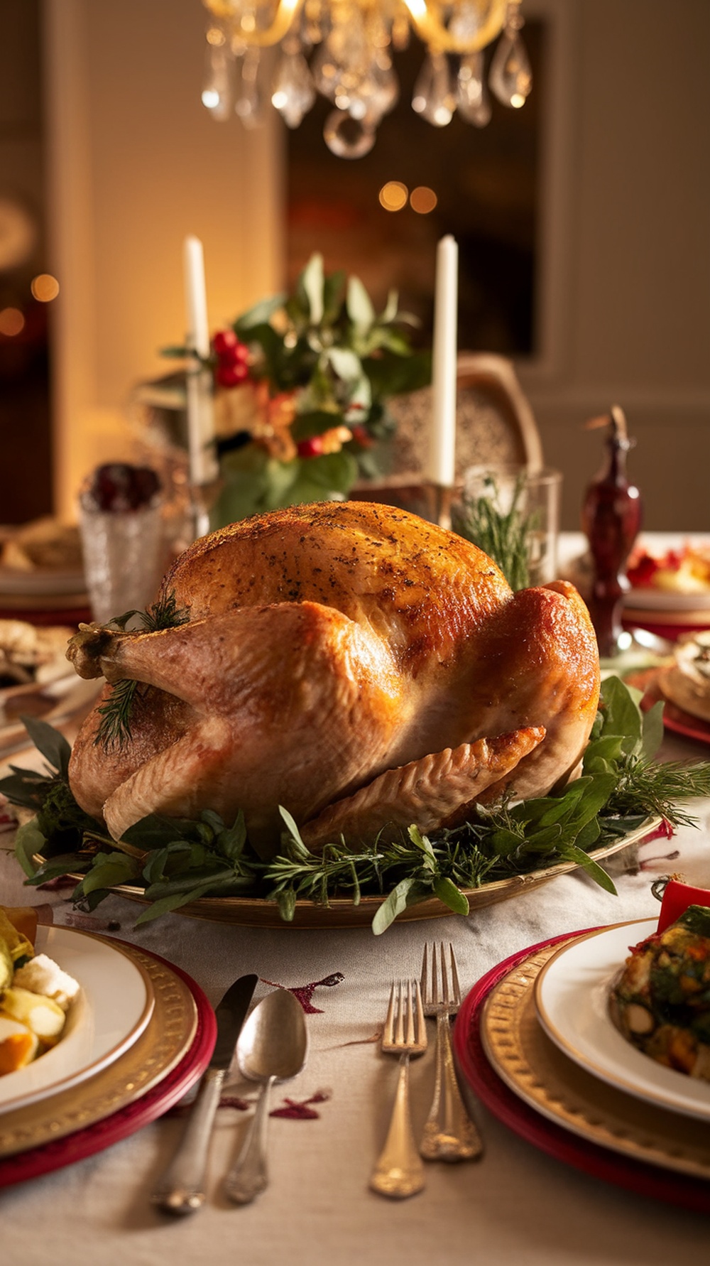 A beautifully roasted turkey garnished with herbs on a festive dining table.