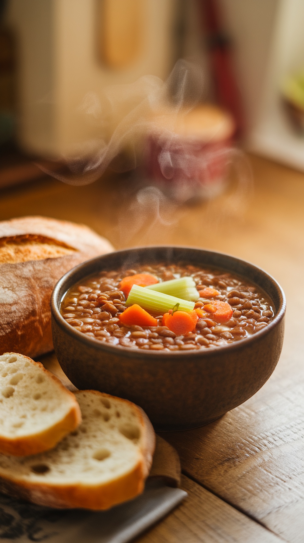 Bowl of steaming lentil soup with bread on the side