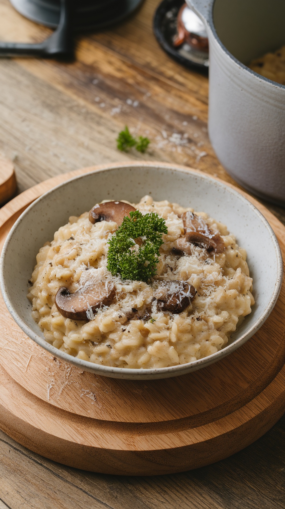 A bowl of creamy mushroom risotto topped with parsley and Parmesan cheese.