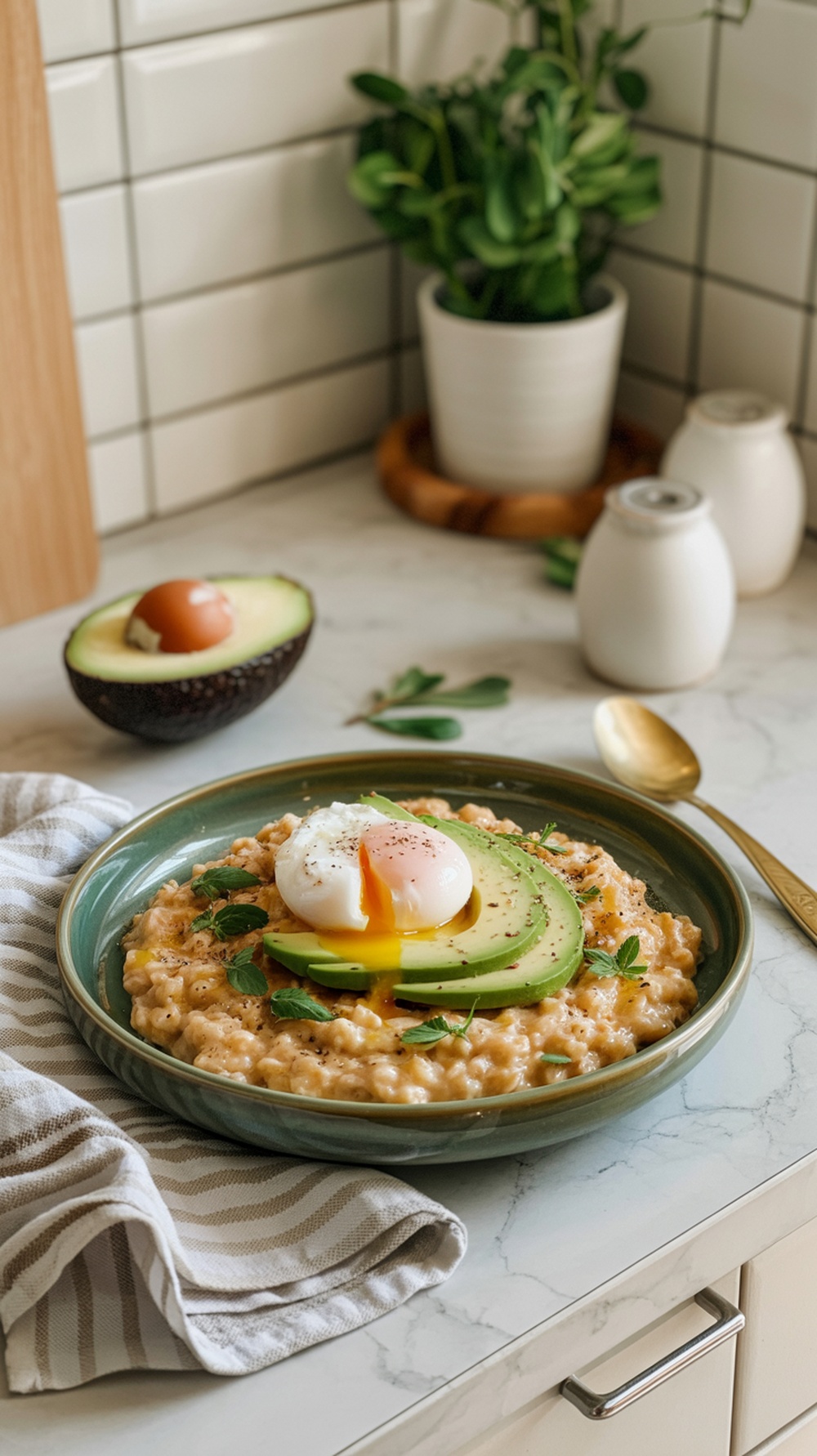 A bowl of savory oatmeal topped with avocado and a poached egg, garnished with fresh herbs.