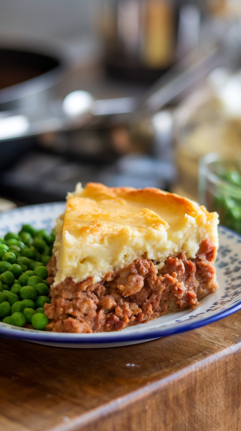 A serving of Shepherd's Pie with peas on the side