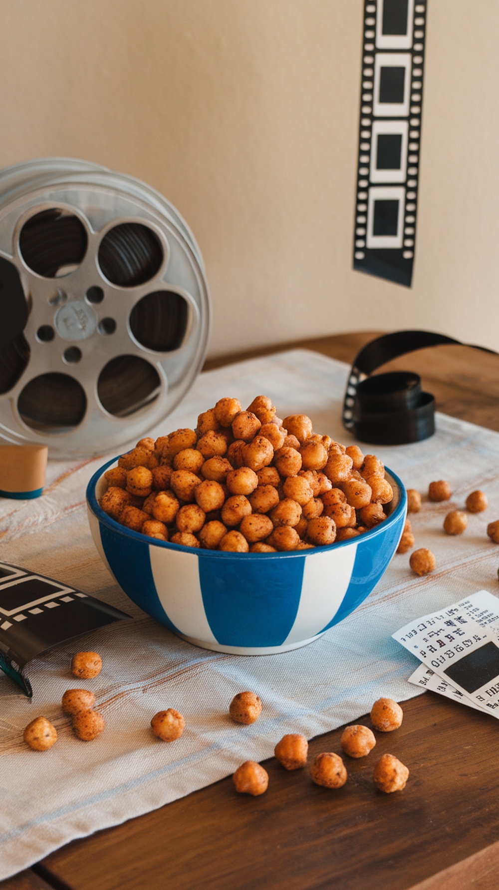 A bowl of savory spiced chickpeas surrounded by film reels and related movie items.