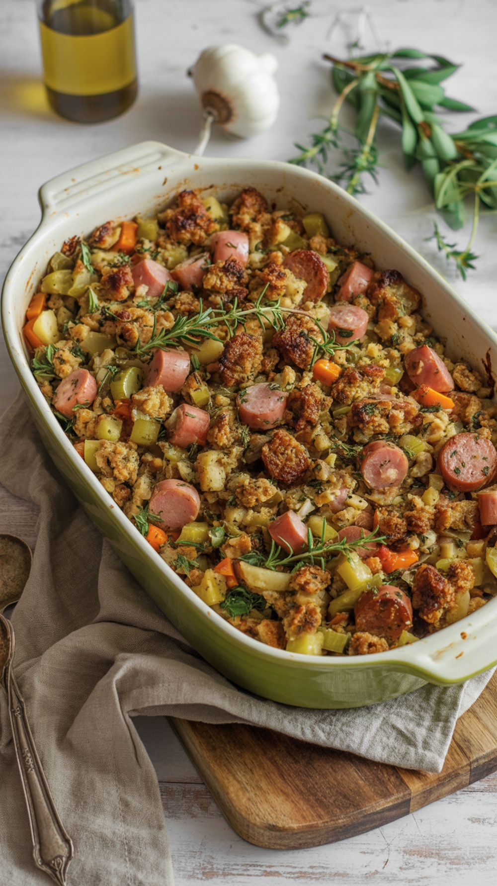 Savory stuffing with sausage and herbs in a baking dish