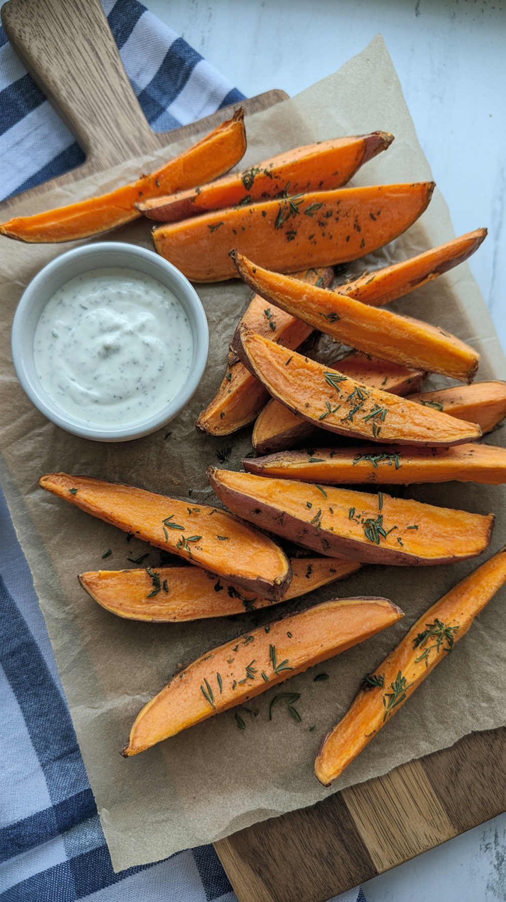 Crispy sweet potato wedges served with a dipping sauce