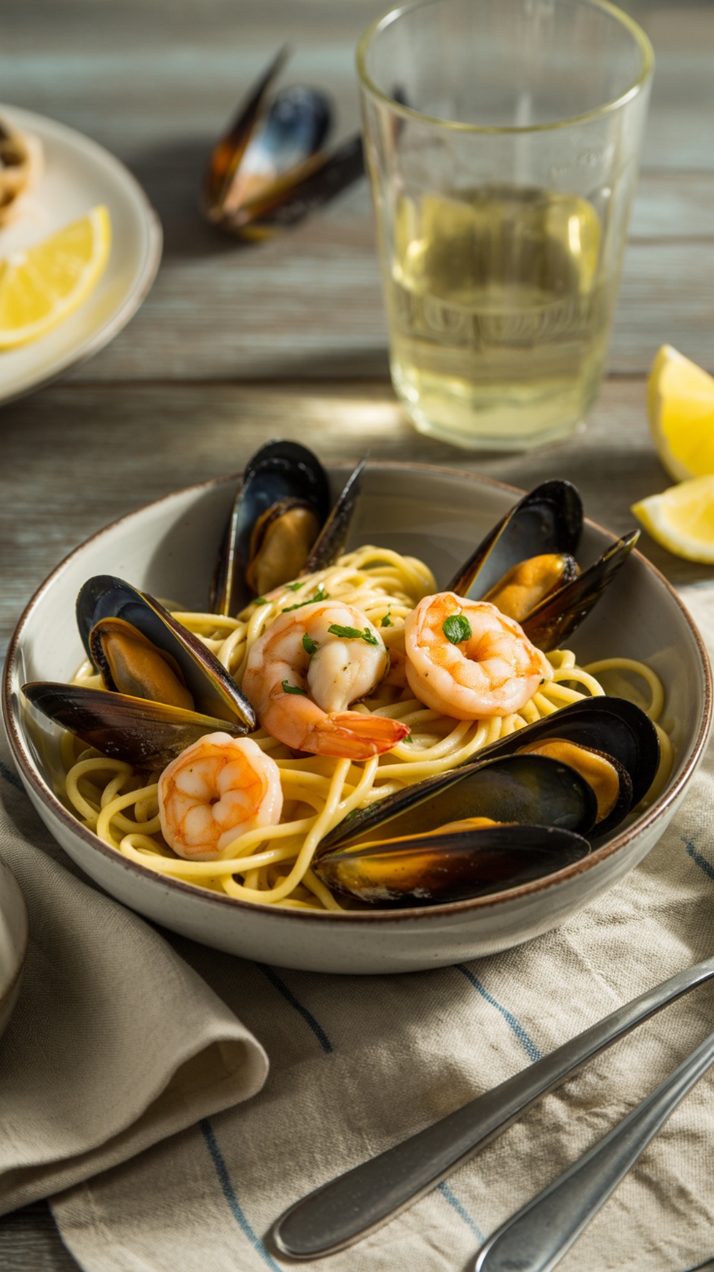A bowl of seafood linguine with shrimp and mussels in white wine sauce.