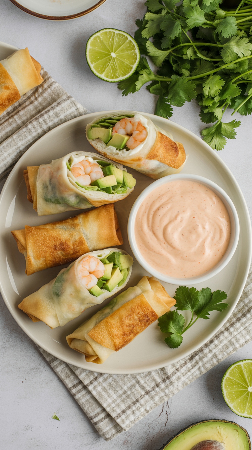 Shrimp and avocado eggrolls served with dipping sauce