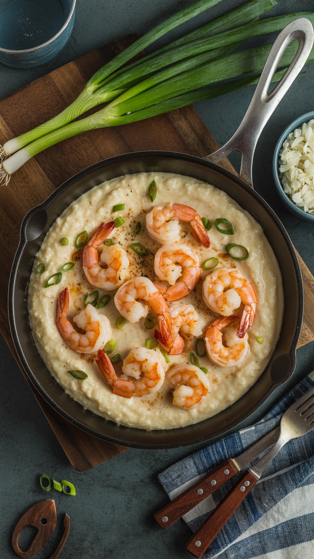 A skillet filled with shrimp and grits, garnished with green onions.