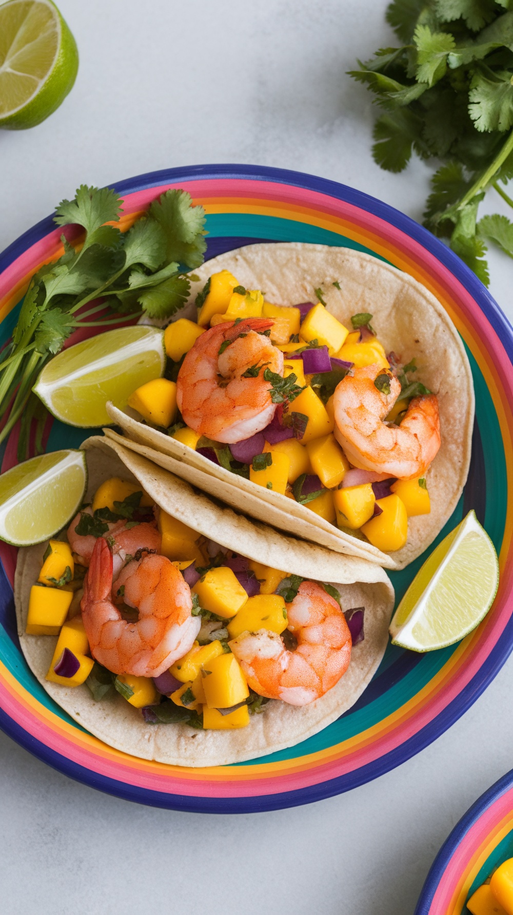 Shrimp tacos with mango salsa on colorful plates