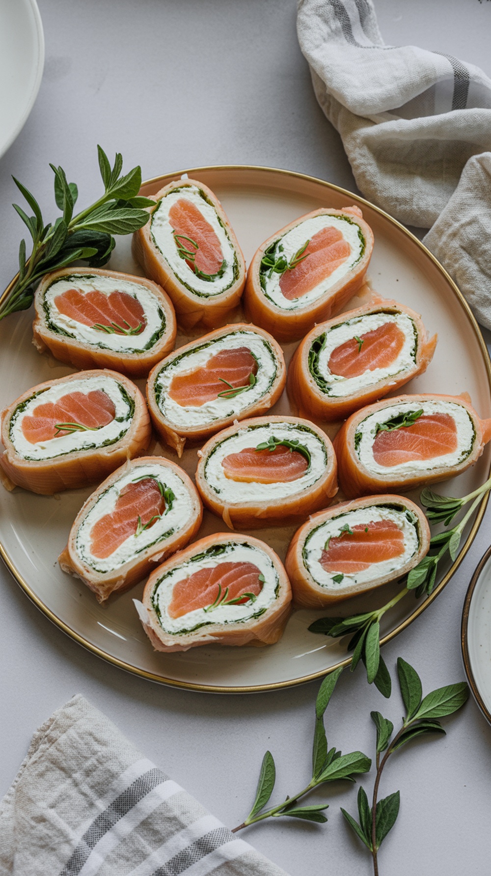A plate of smoked salmon and cream cheese wraps stacked neatly