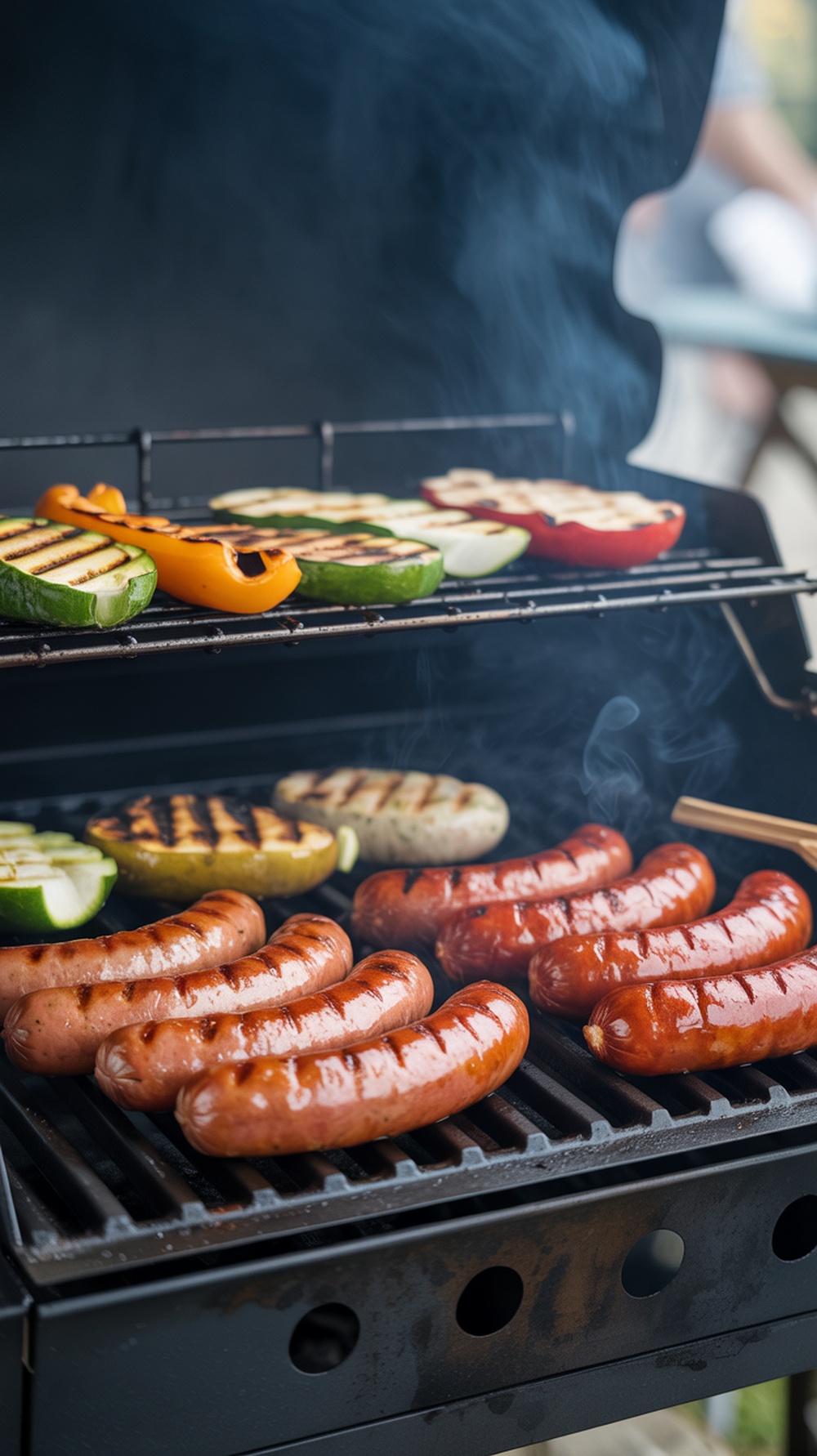 Sausages grilling over an outdoor barbecue with vegetables.